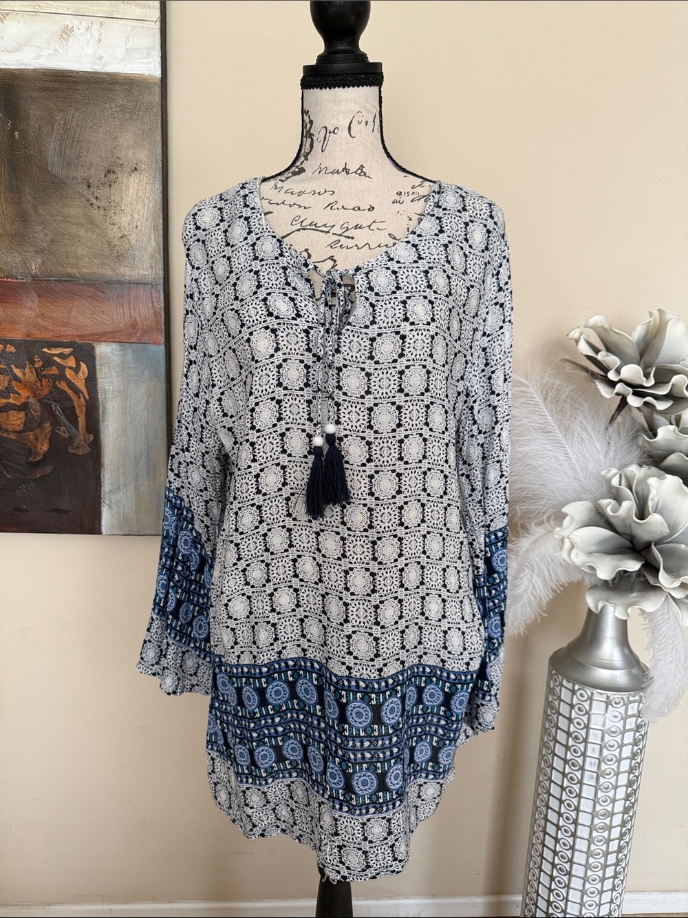 Boho Lace-Print Tunic Top with Tassel Tie - Blue/White